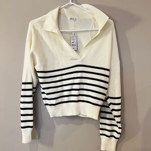 Ardene Cream and Black Striped V-Neck Sweater